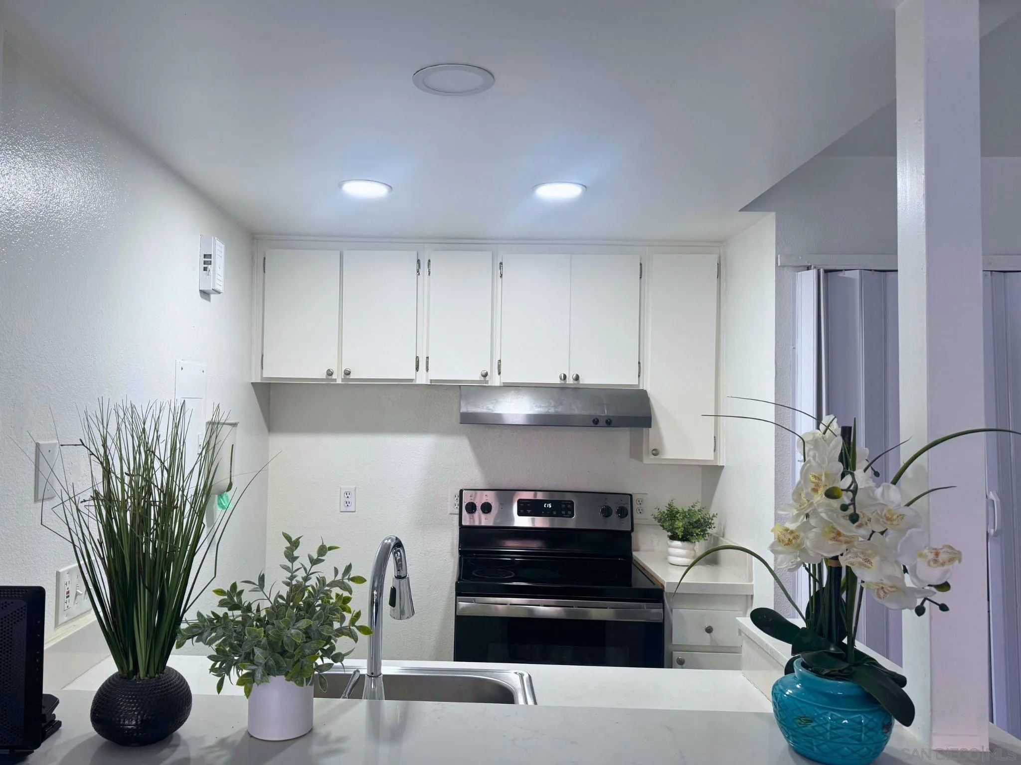 875 West San Ysidro Boulevard, Unit 14 San Ysidro, CA 92173 - Photo 1 of 21 a kitchen with a potted plant on the counter and cabinets