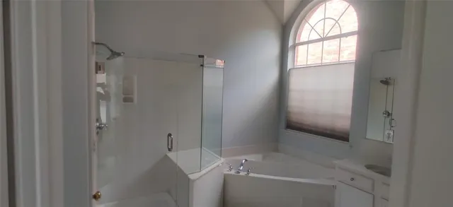 a bathroom with a bathtub and a shower
