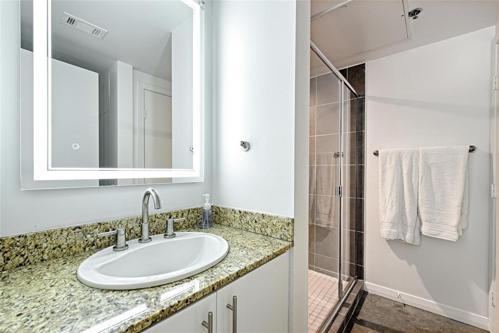 1001 Belleview Street, Unit 104 Dallas, TX 75215 - Photo 14 of 22 a bathroom with a granite countertop sink and a mirror