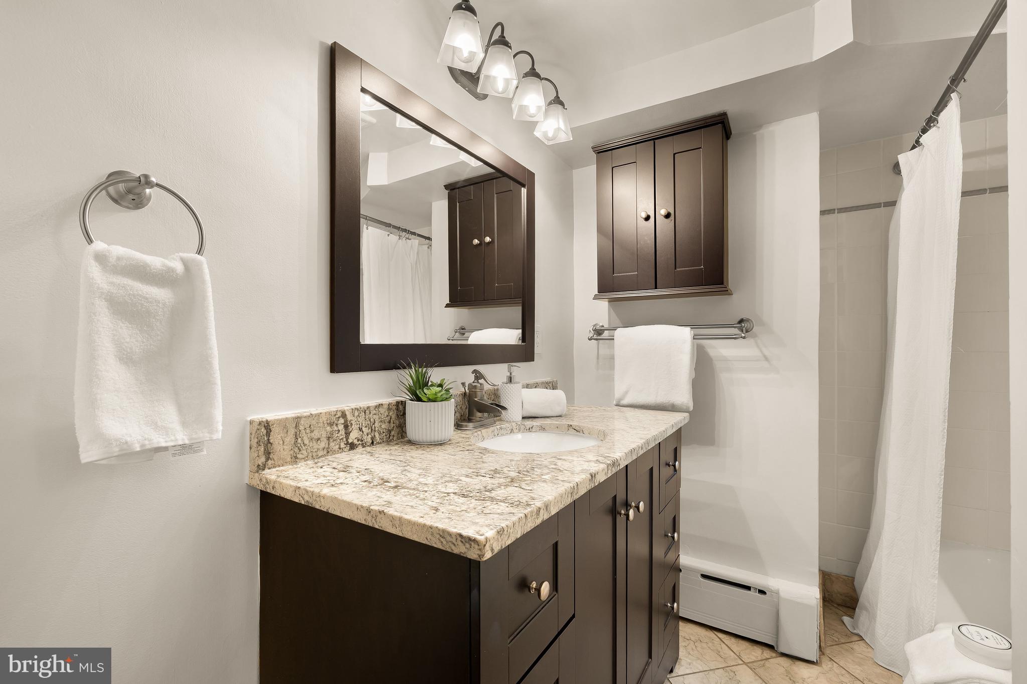 1436 Q Street Northwest Washington, DC 20009 - Photo 41 of 45 a bathroom with a granite countertop sink and a mirror