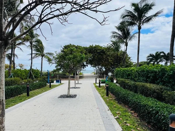 a park view with potted plants and large trees