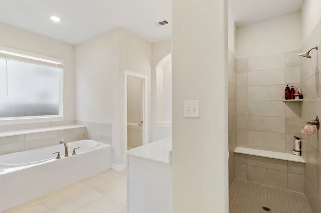 a bathroom with a bathtub and a shower
