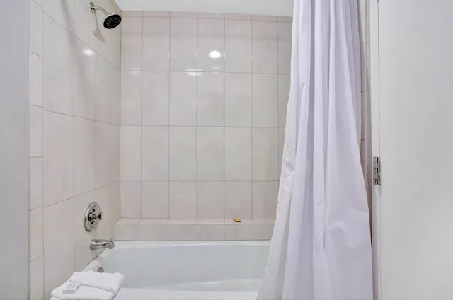 a bathroom with a bathtub and a shower