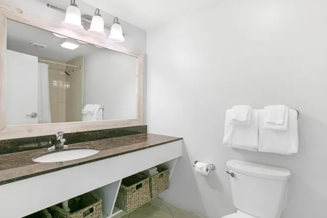 a bathroom with a sink a toilet and mirror