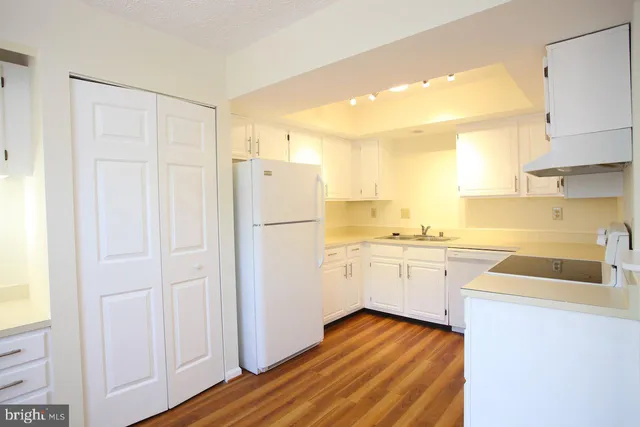 a kitchen with a refrigerator and a sink