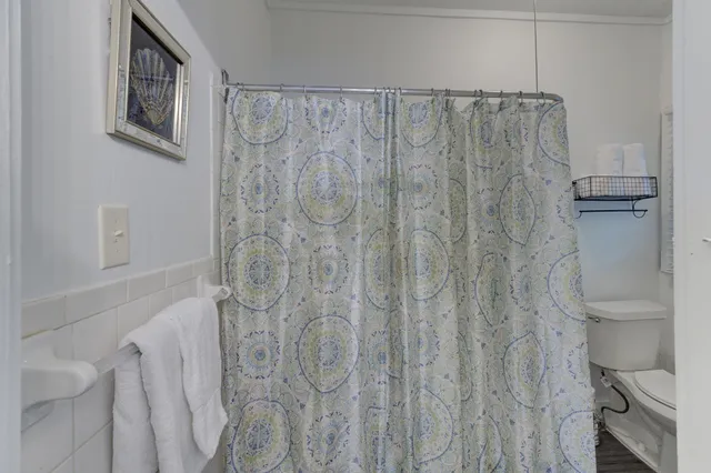 a bathroom with a shower curtain