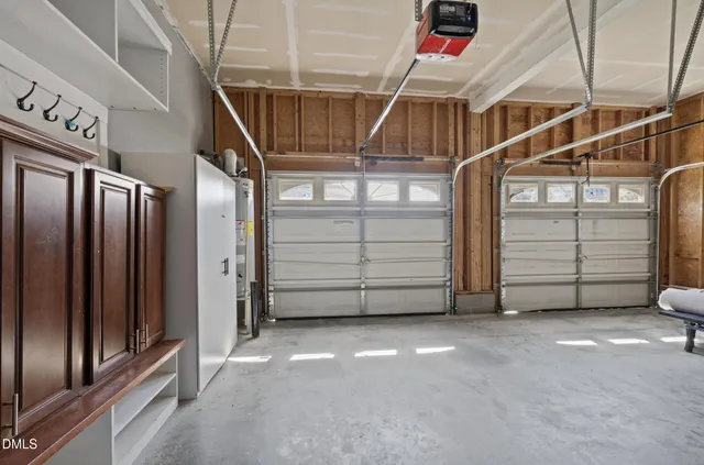 a view of a garage with storage