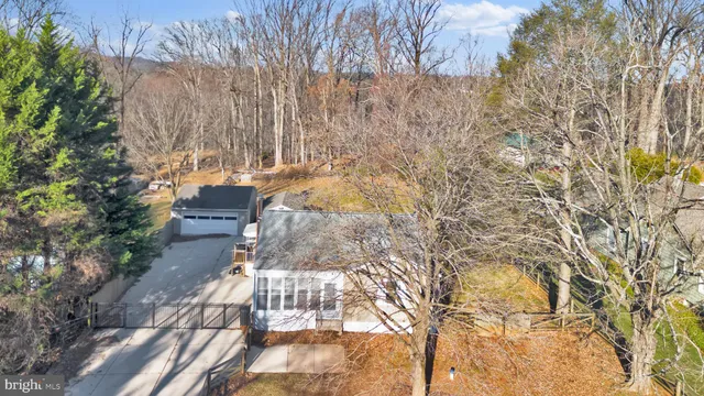 a view of backyard with wooden fence and large trees