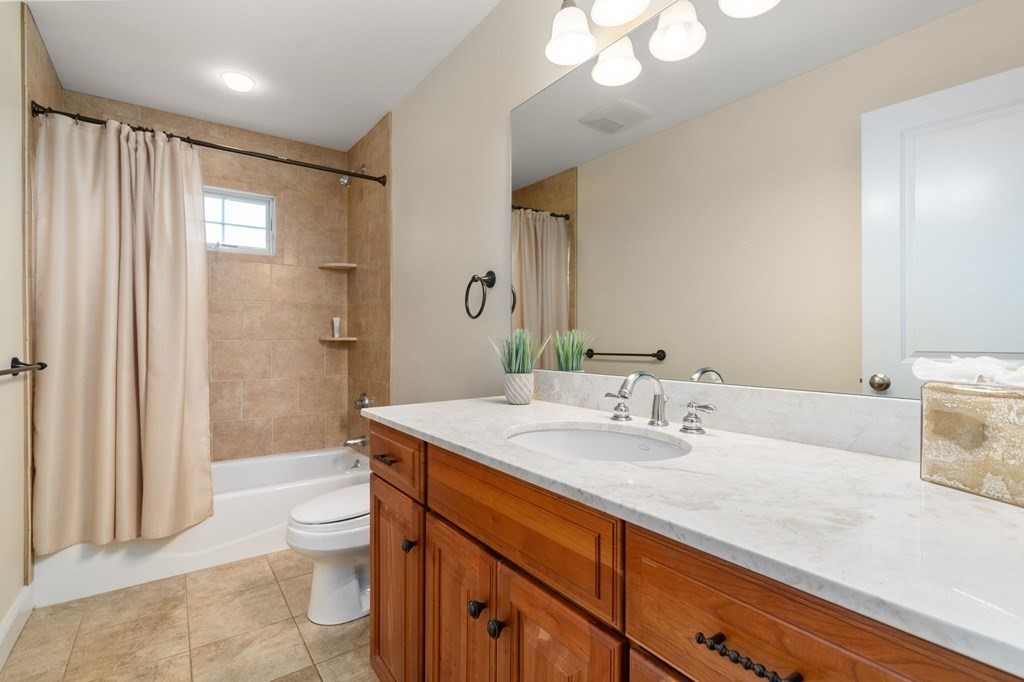 29 Smith Street Needham, MA 02492 - Photo 22 of 31 a spacious bathroom with a granite countertop sink a toilet a mirror and shower