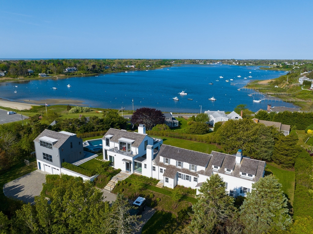 an aerial view of a house with a garden