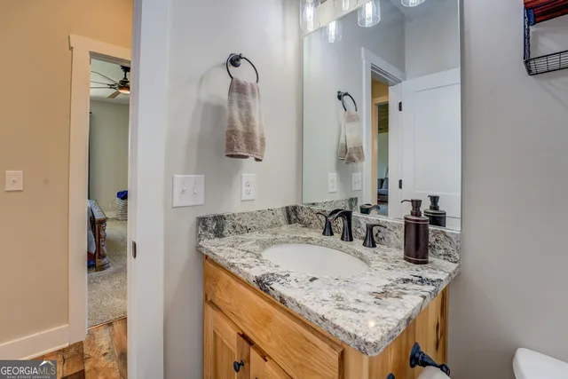 a view of a lush green outdoor space with a lake view