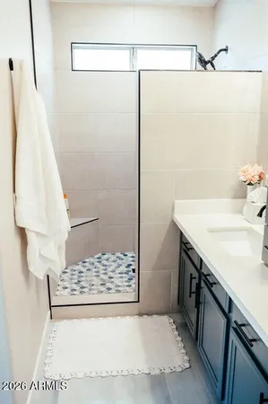 a bathroom with a sink and a shower