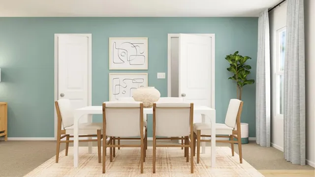 a view of a dining room with furniture and a potted plant