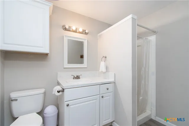 a bathroom with a toilet sink vanity and mirror