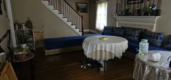 a living room with furniture a table and a potted plant