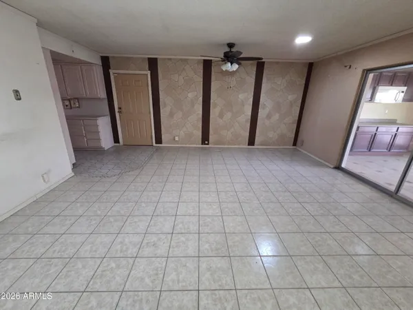 a hallway with a large window