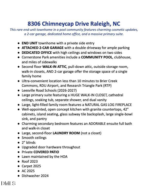 8306 Chimneycap Drive Raleigh, NC 27613 - Photo 27 of 30 (unbrand) Feature List-Chimneycap.docx