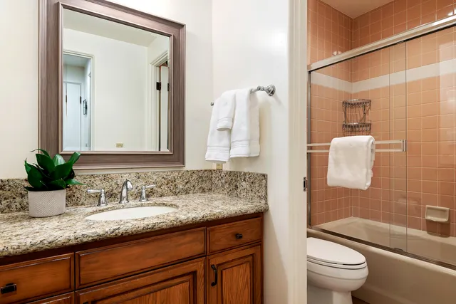 a bathroom with a granite countertop sink a toilet and shower