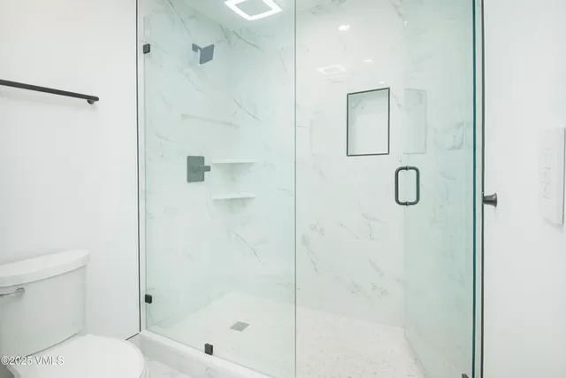 a bathroom with a shower and toilet