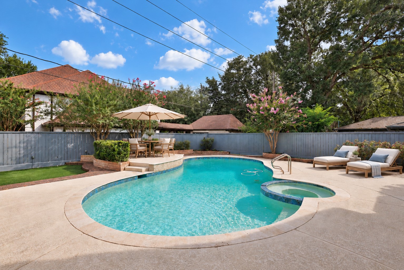 9203 Godstone Lane Spring, TX 77379 - Photo 30 of 38 Perfect for summer fun, this Lease Home offers a sparkling pool, spa, a covered patio and sunny deck for dining alfresco or sunbathing. Image has been virtually staged.