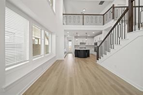 5423 Peach Gdn Way Manvel, TX 77578 - Photo 20 of 20 This spacious, modern home features an open floor plan with high ceilings and abundant natural light. The kitchen boasts an island and sleek finishes. A stylish staircase leads to the upper level, complementing the contemporary design.