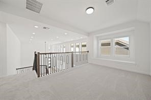 5423 Peach Gdn Way Manvel, TX 77578 - Photo 15 of 20 This photo showcases a bright, open loft area with plush carpeting and a modern railing overlooking a lower level. Large windows provide ample natural light, enhancing the airy feel.