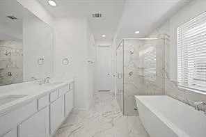 a bathroom with a tub a sink a mirror a shower and vanity