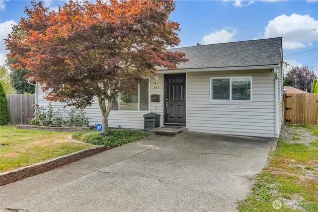 a view of a house with a yard and a large tree