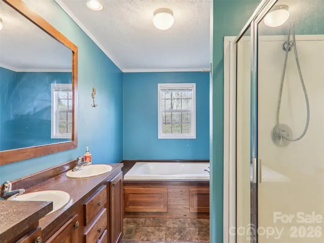 a bathroom with a granite countertop sink a mirror and a shower