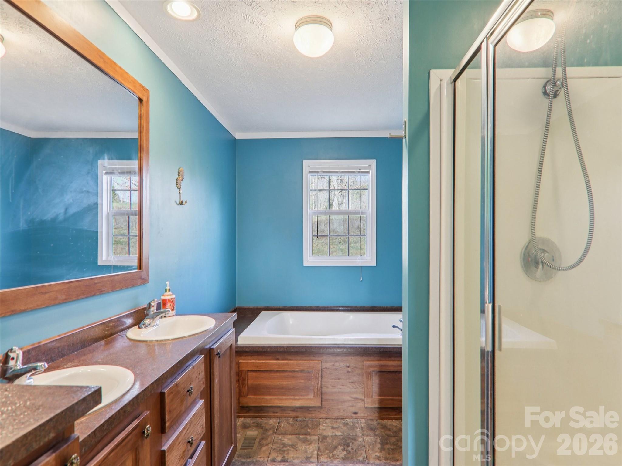 3195 North Clear Creek Road Hendersonville, NC 28792 - Photo 16 of 21 a bathroom with a granite countertop sink a mirror and a shower