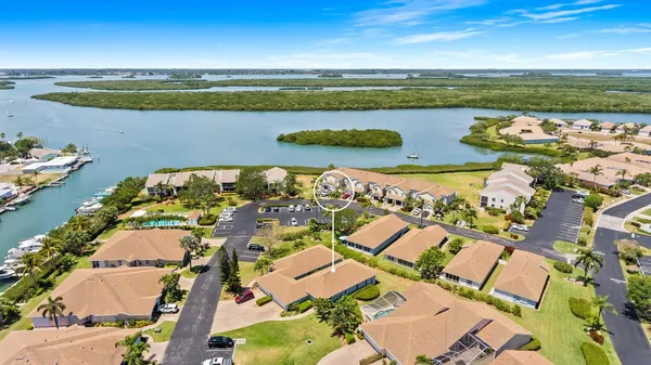 an aerial view of a swimming pool