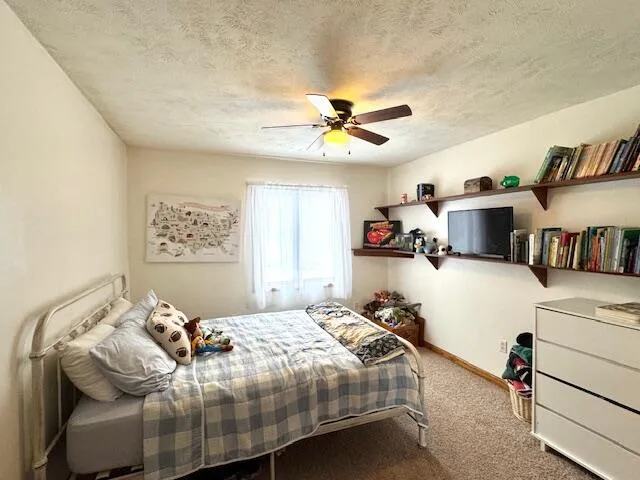 a bedroom with a bed and a book shelf
