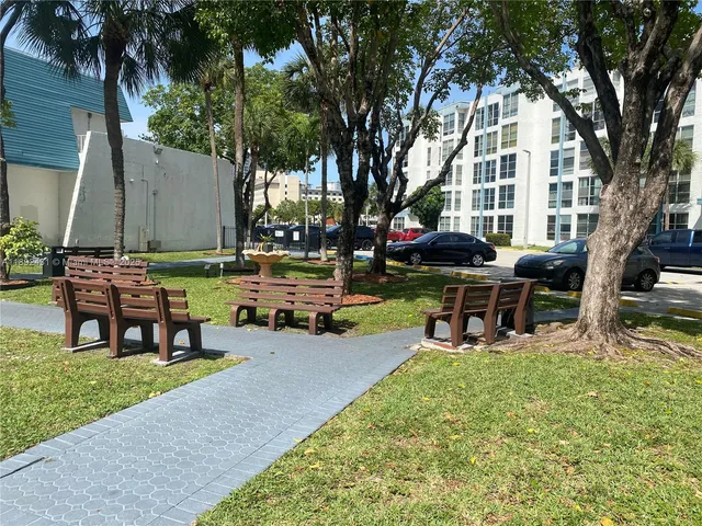 a view of a park with bench and a large tree