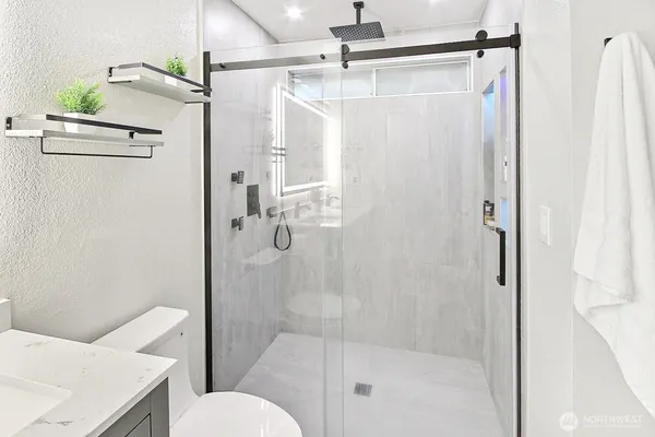 a bathroom with a shower and toilet