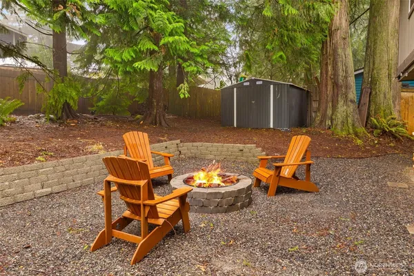 a backyard of a house with table and chairs