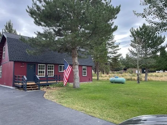 a front view of house with yard and green space