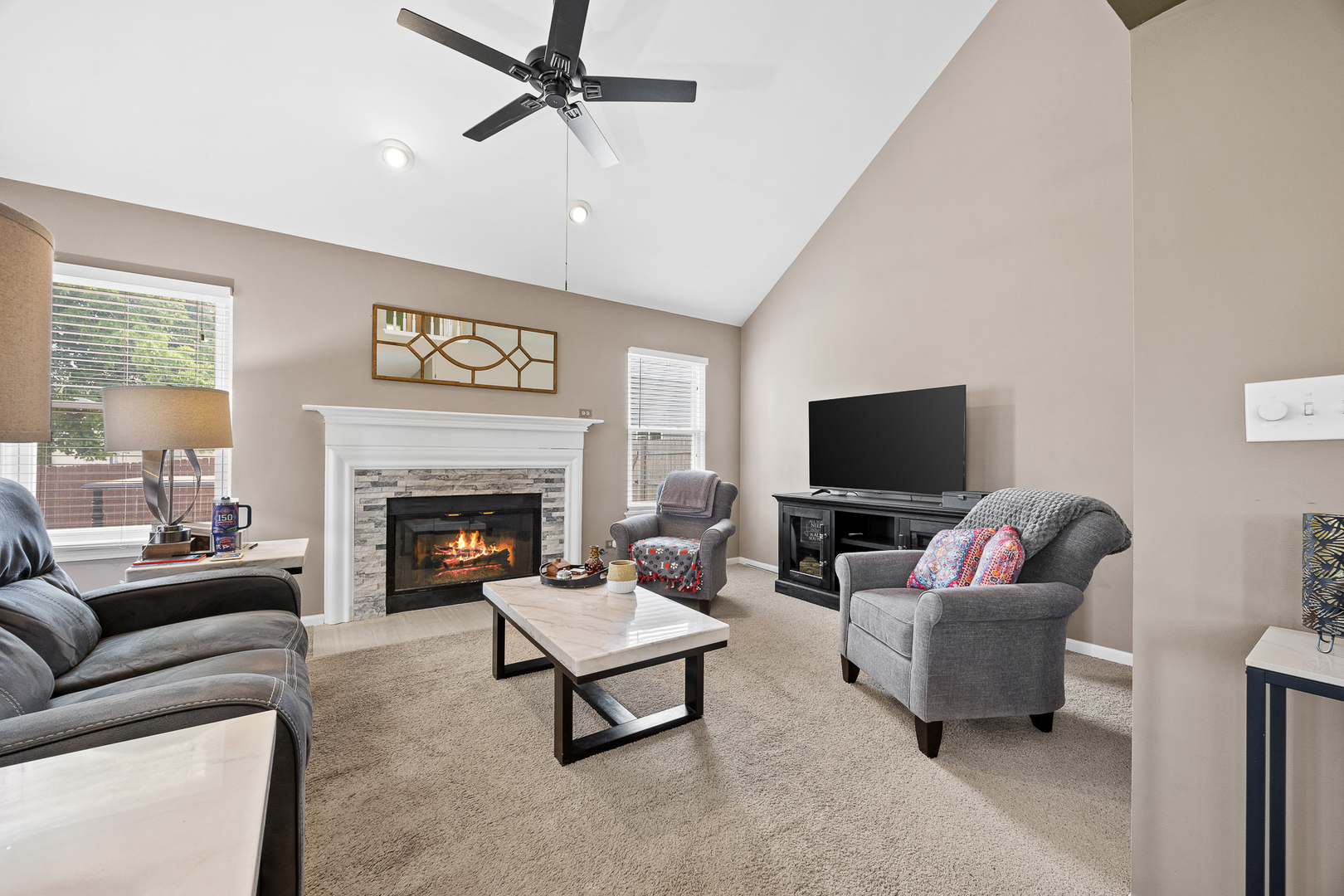 2 Buckboard Court Bolingbrook, IL 60490 - Photo 19 of 33 a living room with furniture a flat screen tv and a fireplace