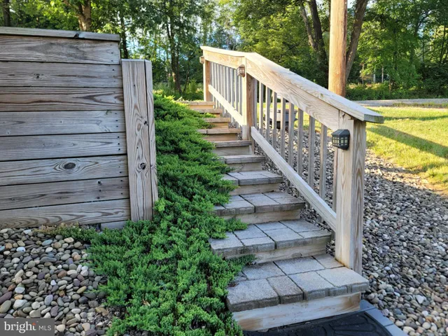 a view of a garden with wooden stairs