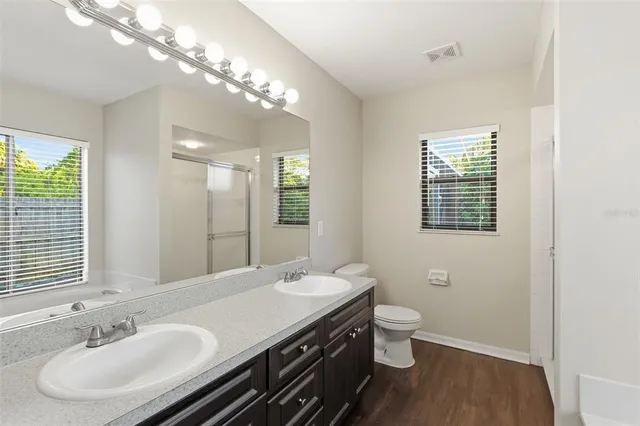 a bathroom with a sink a toilet and a mirror