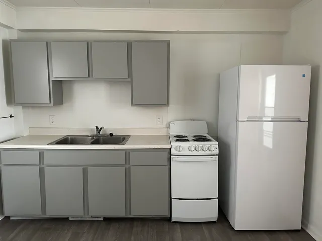 a kitchen with a refrigerator sink and cabinets
