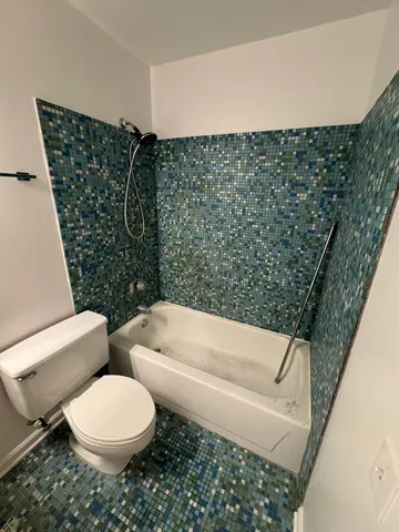 a bathroom with a toilet and a bathtub