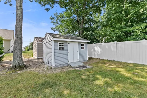 a view of a backyard with a tree