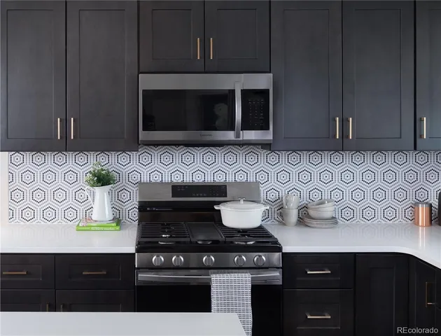 a kitchen with a stove and a microwave