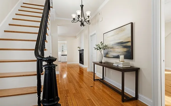 a living room with furniture potted plant and wooden floor