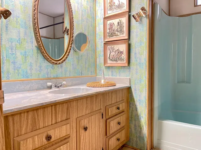 a bathroom with a sink and a mirror