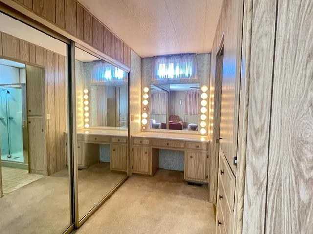 a view of a park with large trees