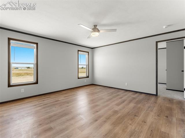 22843 Handle Road Calhan, CO 80808 - Photo 19 of 47 Spare room with crown molding, light wood finished floors, and a ceiling fan