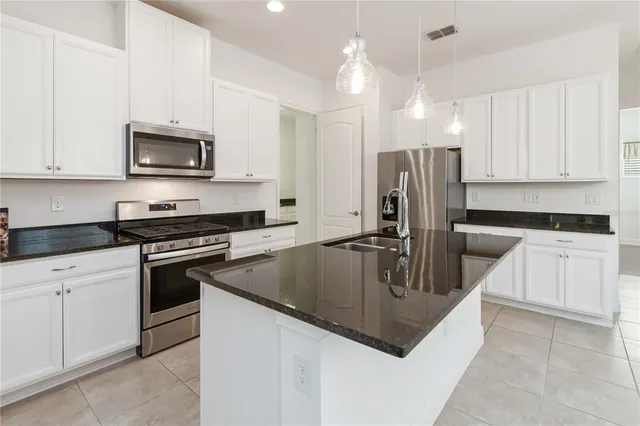 a kitchen with stainless steel appliances granite countertop a sink a stove a refrigerator a microwave and cabinets