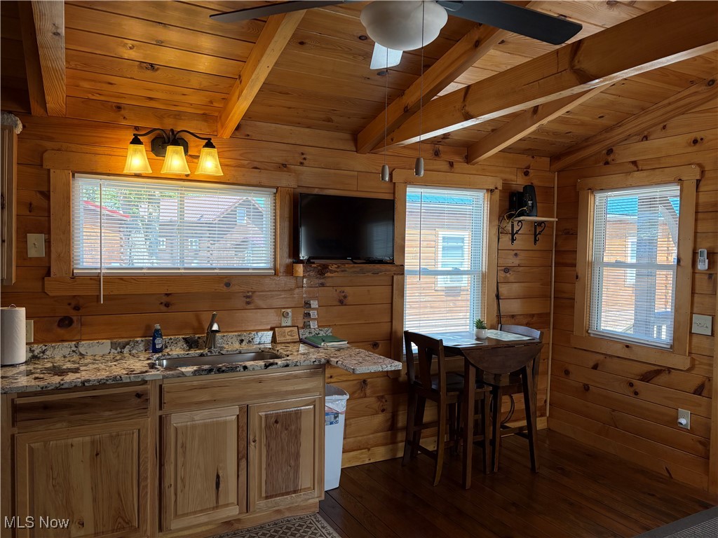 5919 Lake Road West, Unit 18 Ashtabula, OH 44004 - Photo 8 of 32 Kitchen featuring healthy amount of natural light, light stone countertops, wood walls, dark wood-style floors, and wooden ceiling
