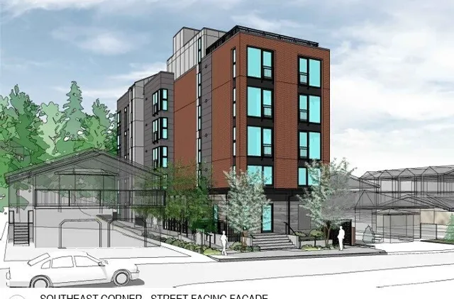 front view of a building with a street